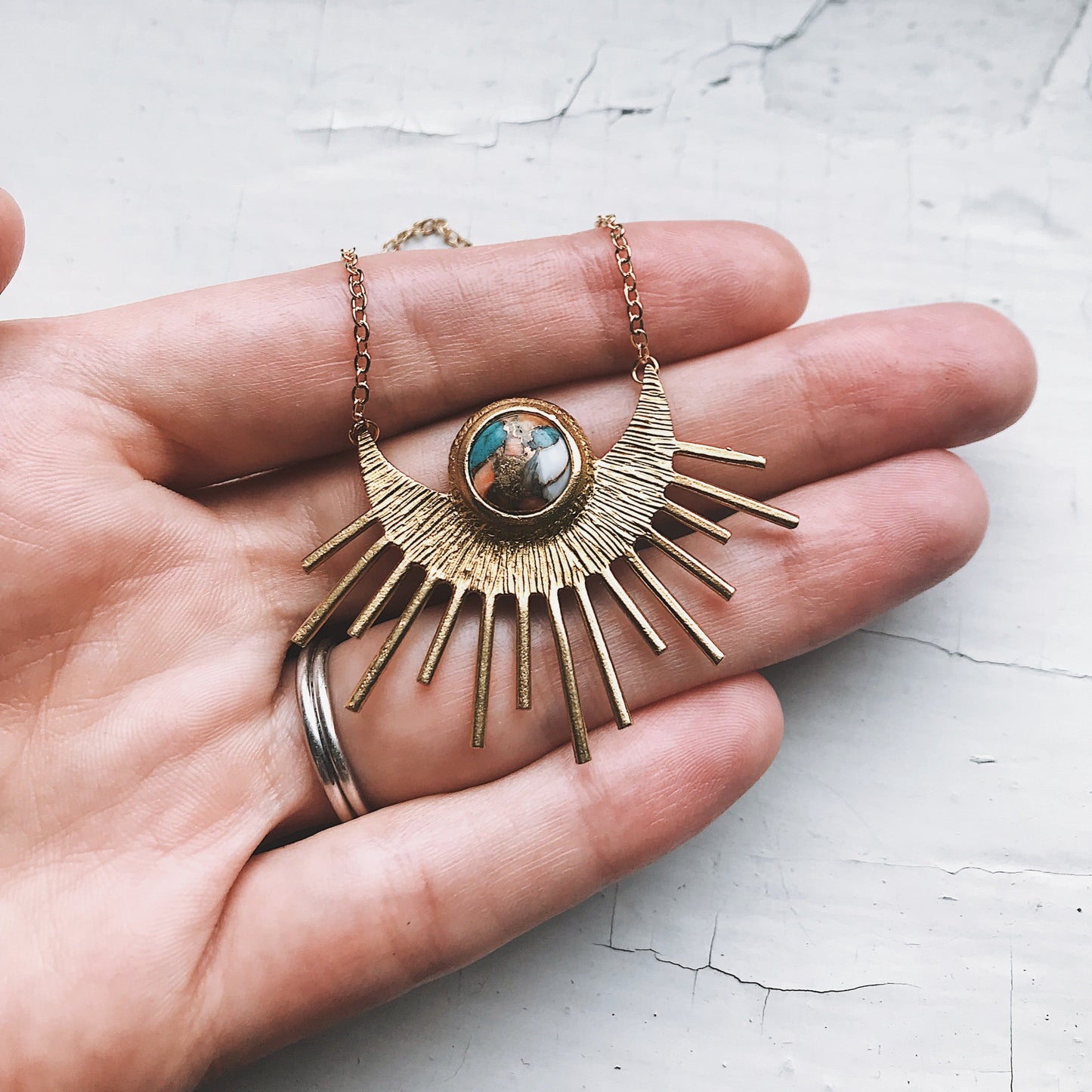 Sun Goddess Necklace - Sun Pendant with Copper Oyster Turquoise - Nova Luxe Charm