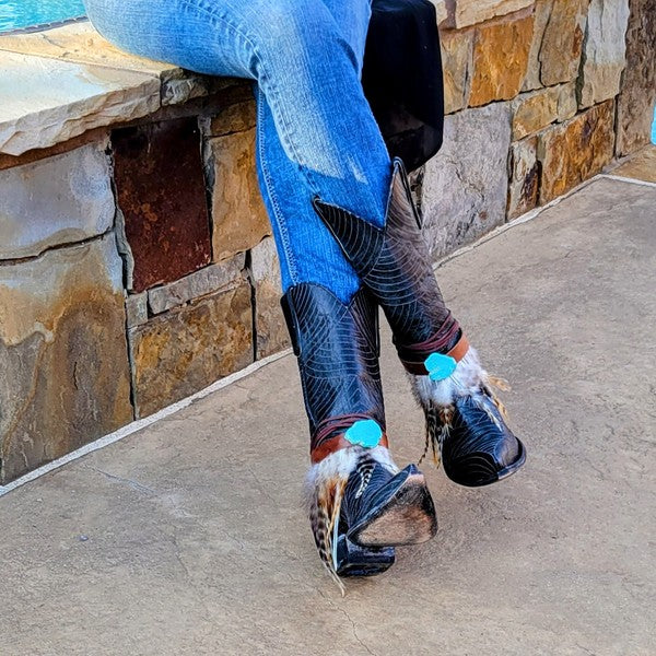 Boho Western Boot Wrap Cuff w Feathers & Turquois - Nova Luxe Charm