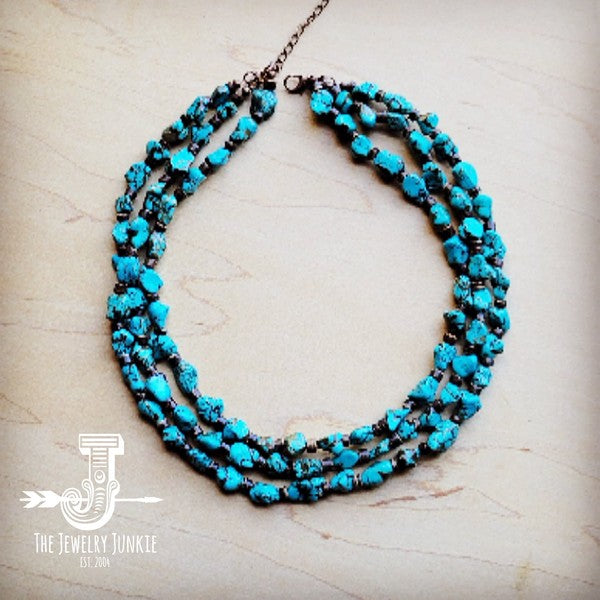 Triple Strand Blue Turquoise & Wood Collar Necklac - Nova Luxe Charm