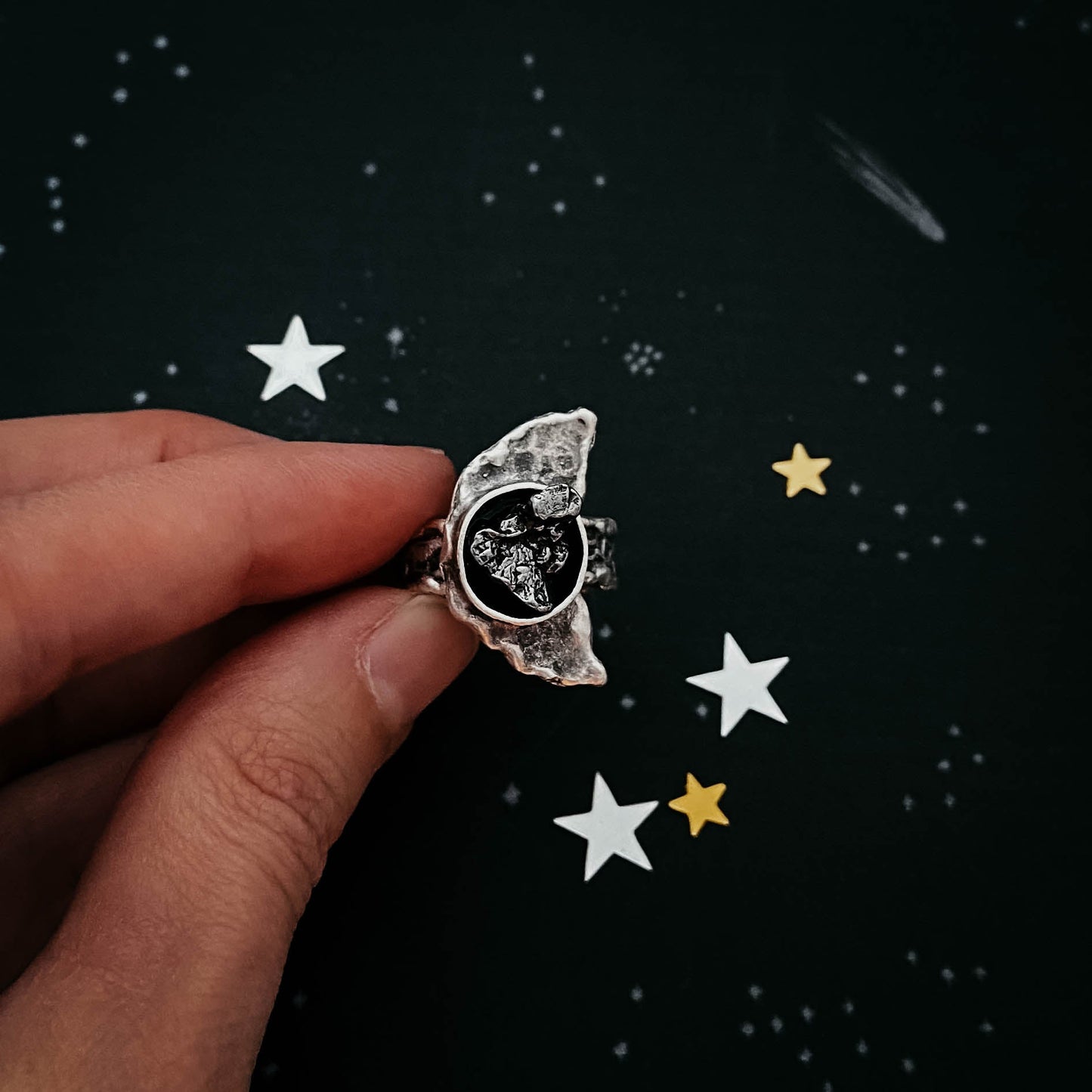 Crescent Moon Ring with Authentic Meteorite - Nova Luxe Charm