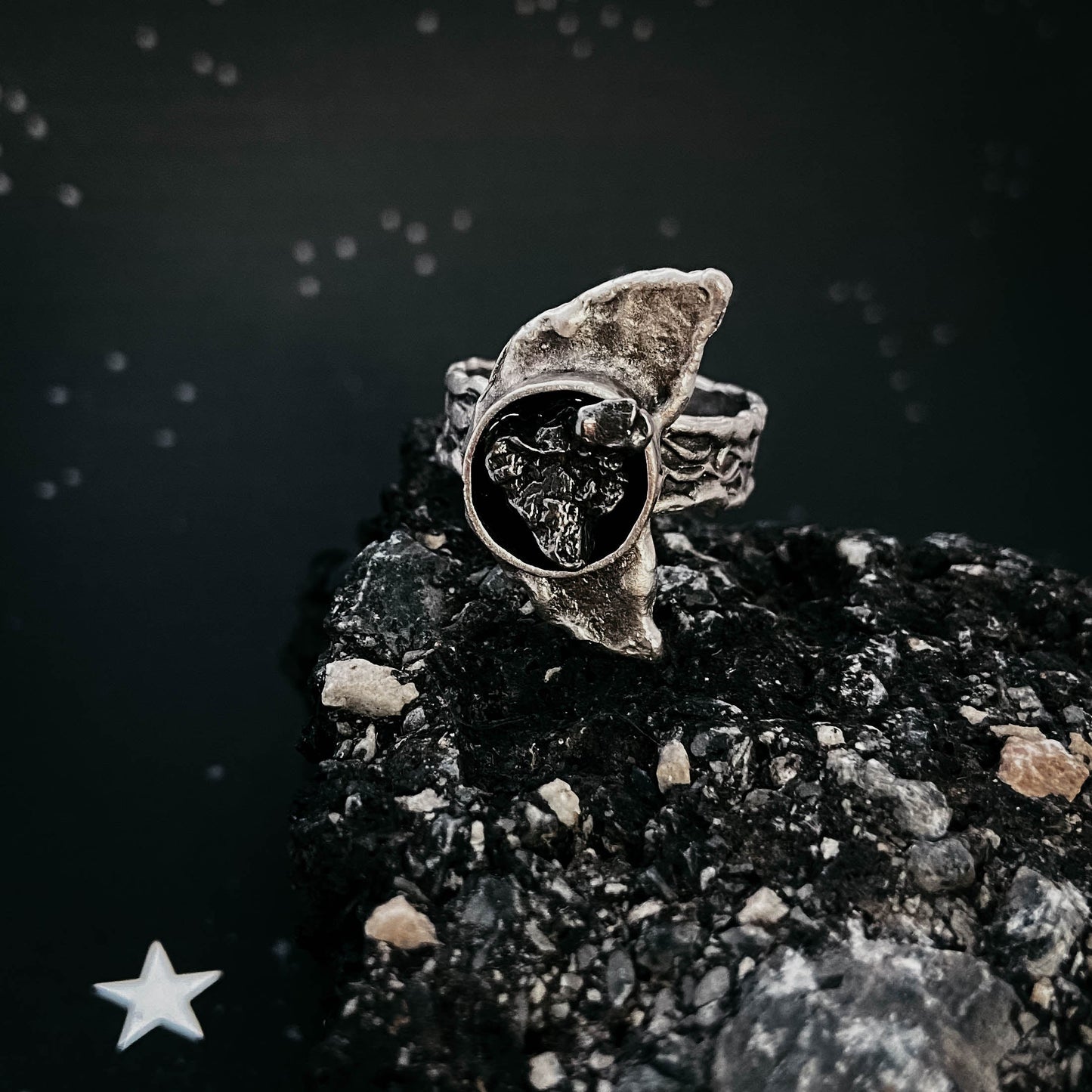 Crescent Moon Ring with Authentic Meteorite - Nova Luxe Charm