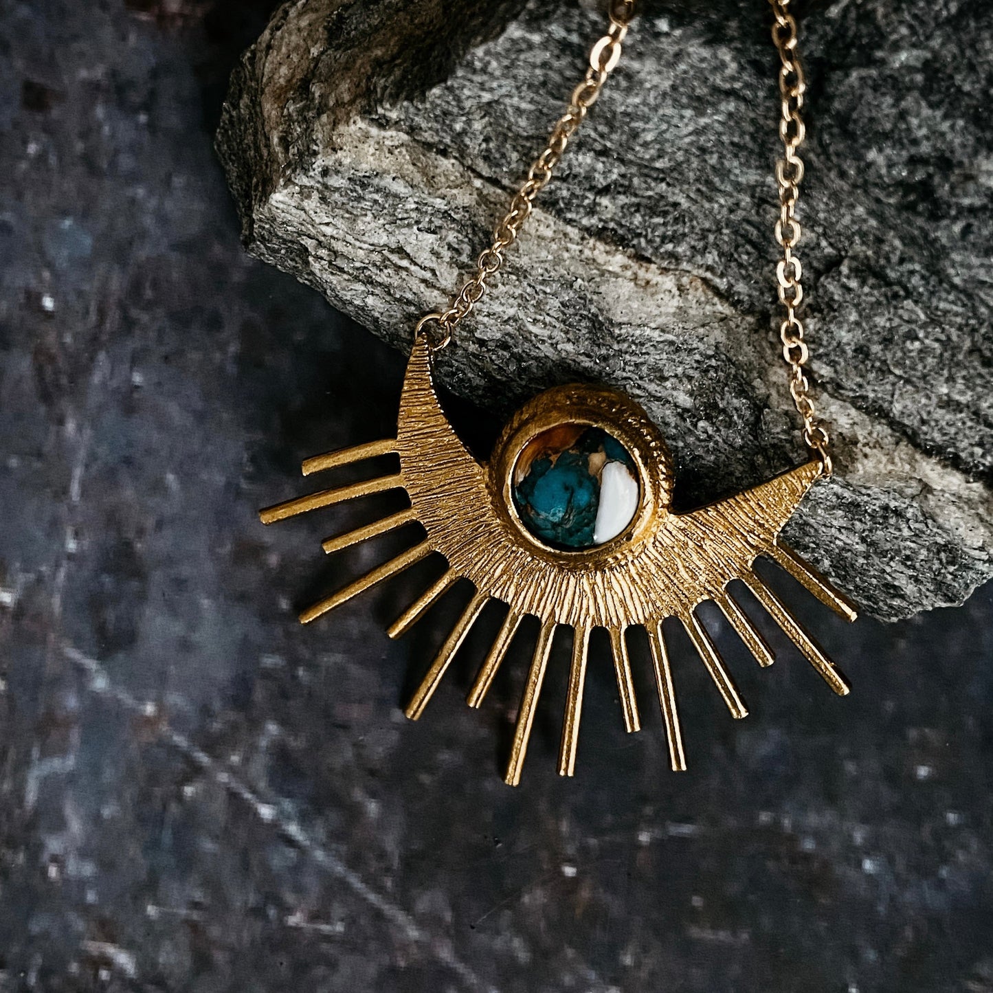 Sun Goddess Necklace - Sun Pendant with Copper Oyster Turquoise - Nova Luxe Charm