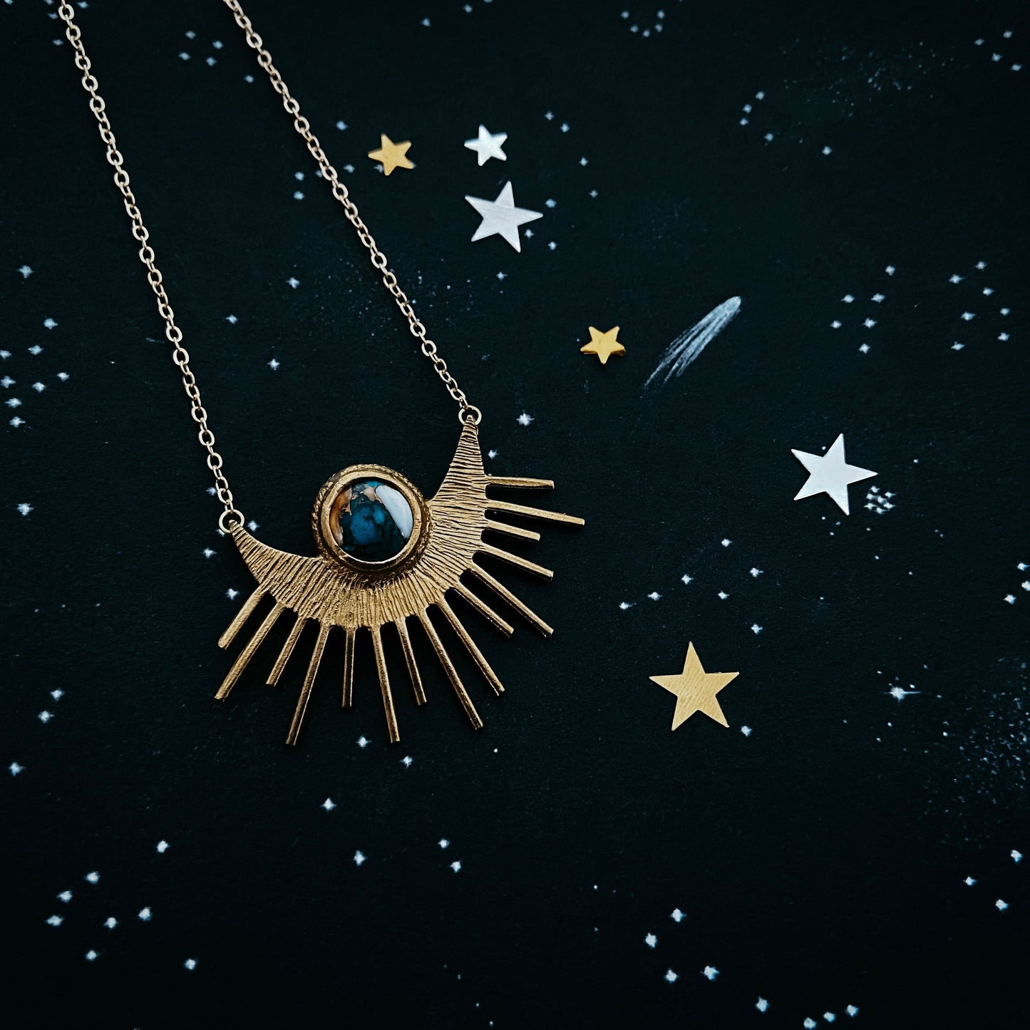 Sun Goddess Necklace - Sun Pendant with Copper Oyster Turquoise - Nova Luxe Charm