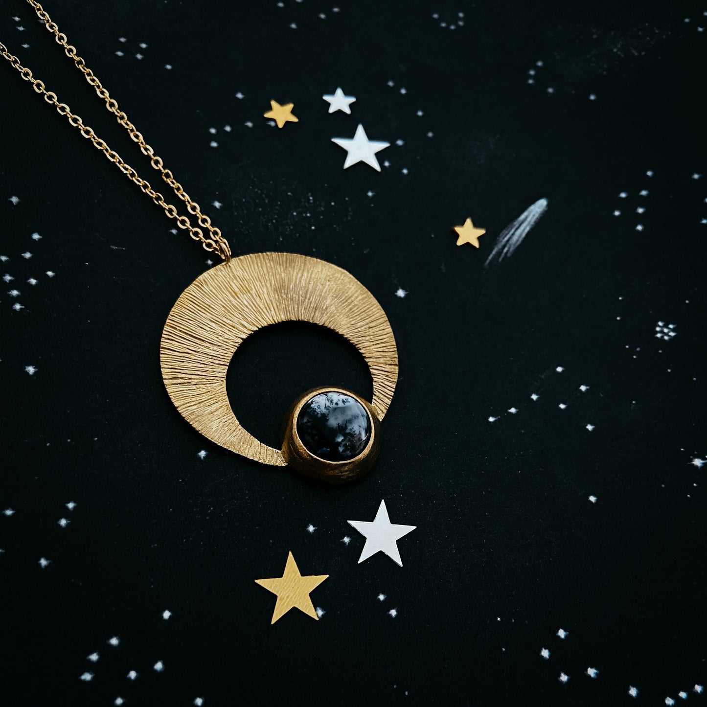 Crescent Moon Pendant with Dendritic Agate - Nova Luxe Charm