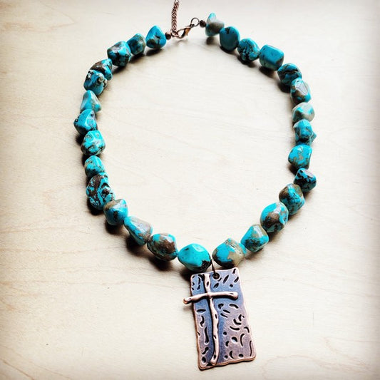 Blue Turquoise Collar Necklace w Copper Cross Pen - Nova Luxe Charm