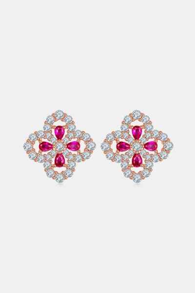 925 Sterling Silver Lab-Grown Ruby Flower Shape Stud Earrings