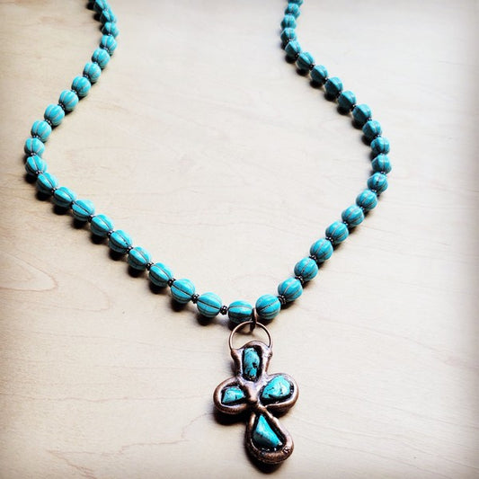 Blue Turquoise Melon Beaded Necklace w Copper Cro - Nova Luxe Charm