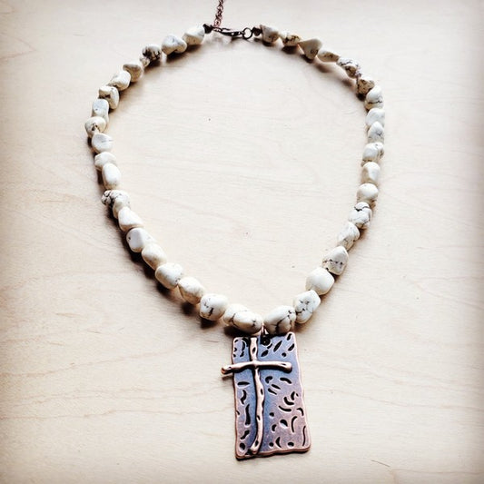 White Turquoise Collar Necklace w Copper Cross Pe - Nova Luxe Charm
