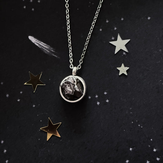 Small Round Meteorite Pendant Necklace in Matte Brushed Silver - Nova Luxe Charm