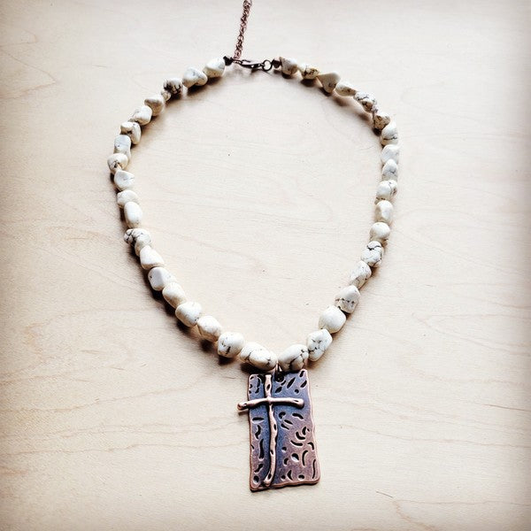 White Turquoise Collar Necklace w Copper Cross Pe - Nova Luxe Charm