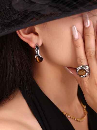 Stainless Steel Tigerite Ring and C-Hoop Earrings Set